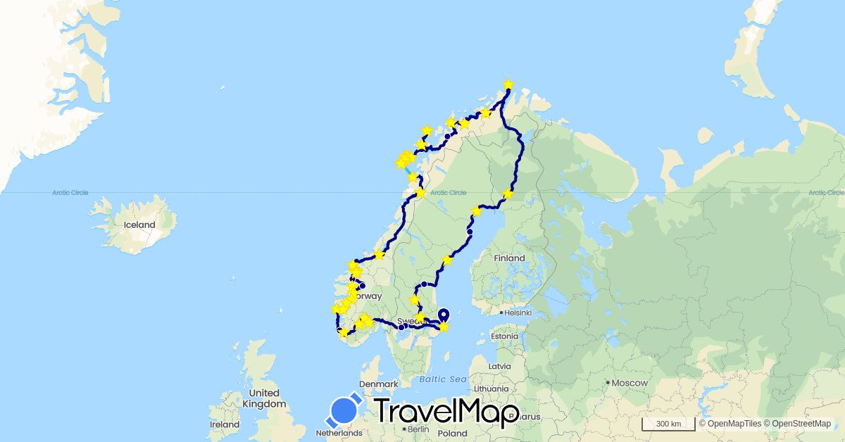 TravelMap itinerary: driving, boat in Finland, Norway, Sweden (Europe)